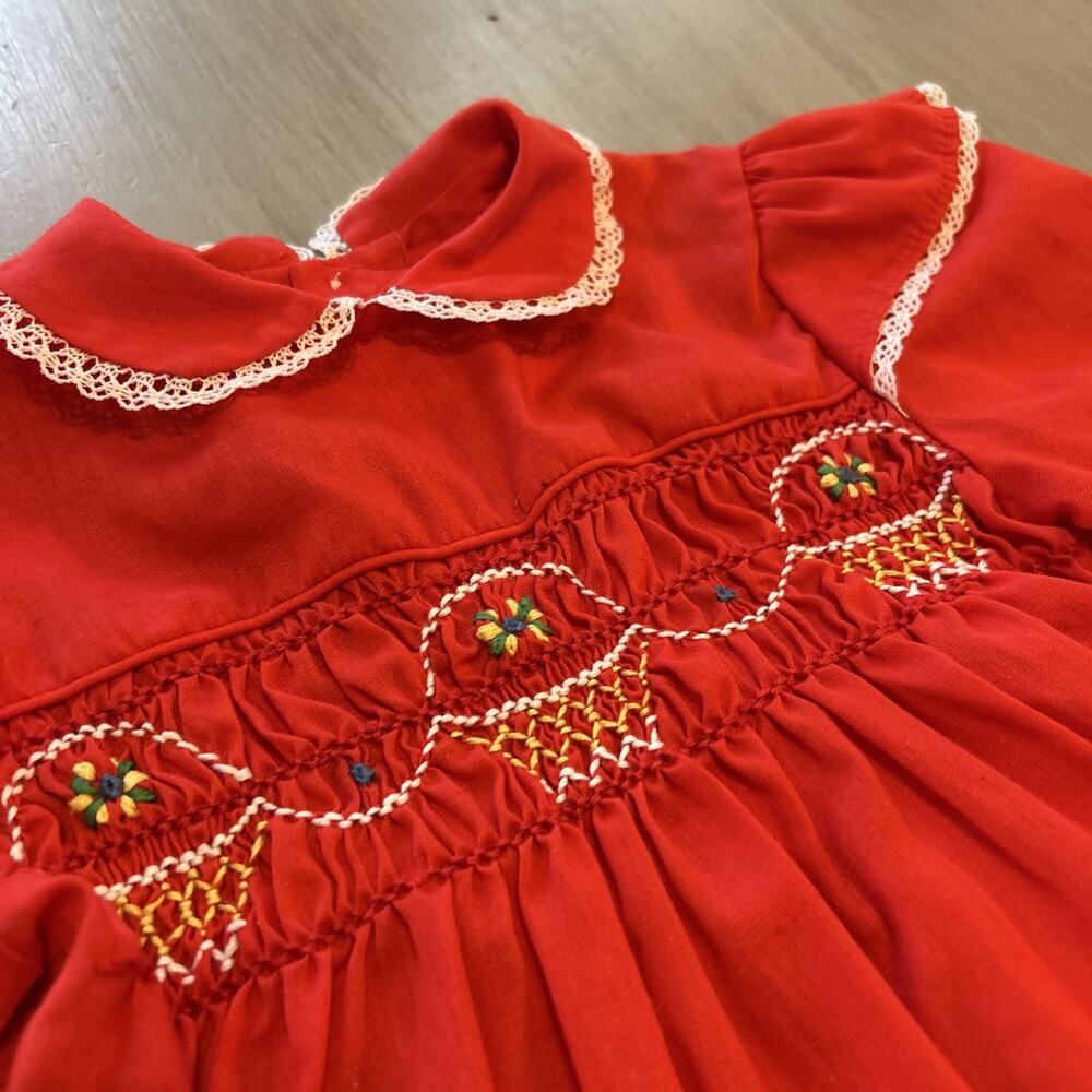 Polly Flinders Red Smocked Embroidered Collar Dress 3 Lace Cottage Victorian 90s